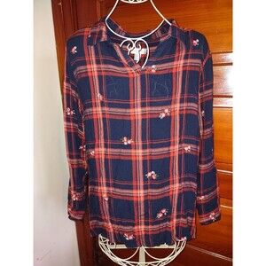 5/$25 EUC Sz XL Blouse Tunic Top Blue Red Plaid Embroidered Flowers